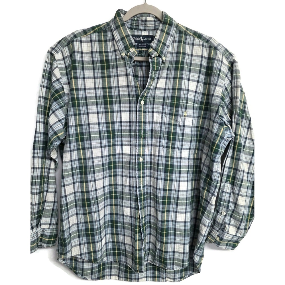 Ralph Lauren Big Shirt Mens Medium Green Blue Plaid Cotton Button Down Shirt